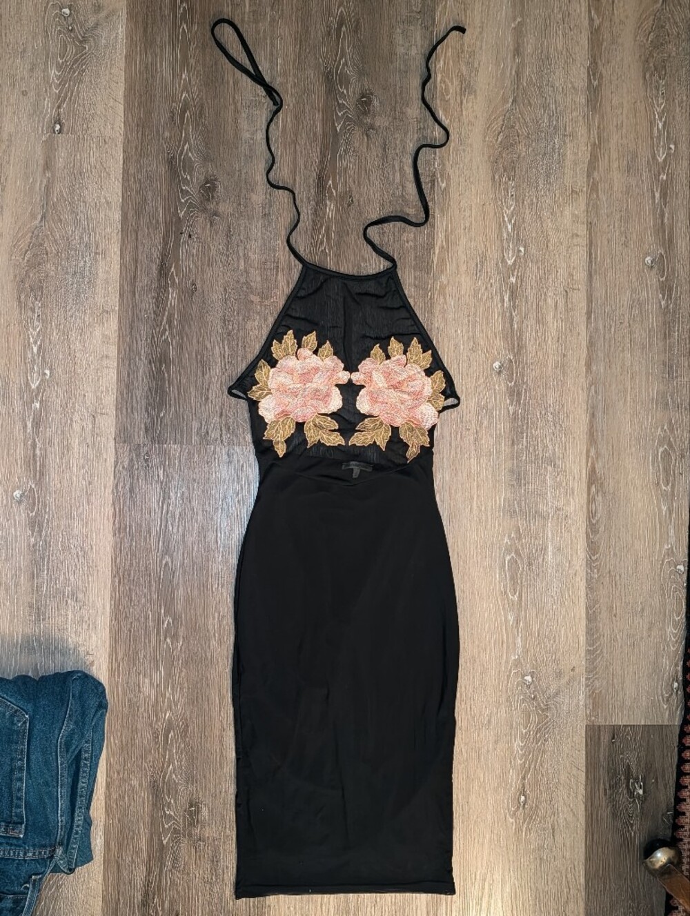 Charlotte Russe Black Halter Midi Dress with Floral Appliqué